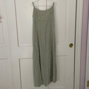 Long slip dress, sage green with white flowers